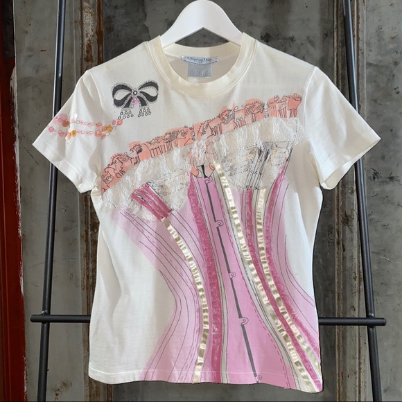 Christian Dior Rare Runway Corset White Pink Ribbon Shirt - Picture 2 of 16